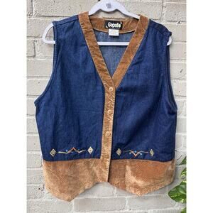 Vintage 1970s Vest XL Button Up Embellished Suede Denim Western Cowgirl Rodeo